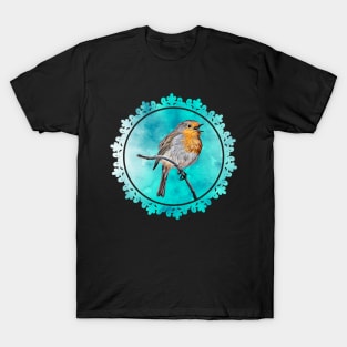 Lovely Robin Bird Drawing with Turquoise Background T-Shirt